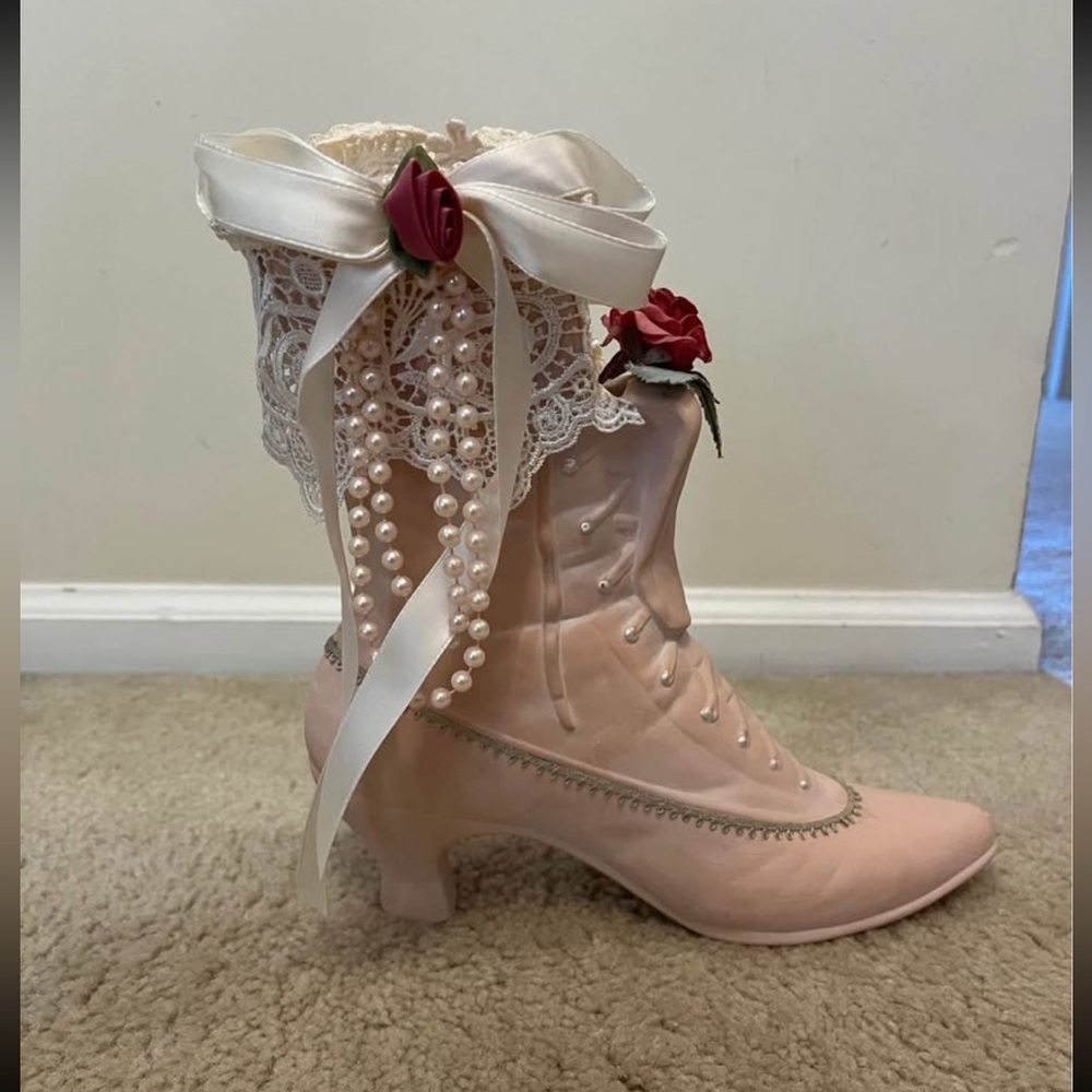 Pale pink Victorian ceramic boot decor with flowers, lace, pearls, ribbon